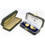 A pair of silver gilt Crombie cufflinks in maker's case, together with a Mikimoto cultured pearl