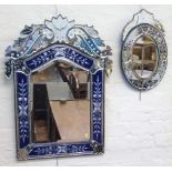 20th century Venetian wall mirror blue ground with acid etched decoration also one other wall mirror