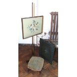 regency mahogany pole screen, Victorian mahogany square stool and embossed brass fire screen