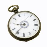 An open face ladies pocket watch, stamped fine silver, case diameter 42mm, gross weight 49.7g.