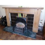 Art Deco tiled fire inset with oak surround complete with cast iron basket on granite base Condition