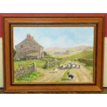 Peter Clayton, 20th century, Rural Lane with Shepherd, Sheep and Sheepdog, oil. Condition reports