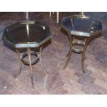 Pair of modern hexagonal brass occasional table with inset glass tops. Condition reports are not