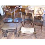 Four Ercol dining chairs, rush seated stool and three occasional tables. Condition reports are not