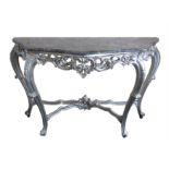 20th century Rococo design console table, black veined marble top to gesso finished serpentine base,