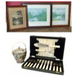 Three framed prints, plated biscuit jar and cased set of fish knives Condition reports are not