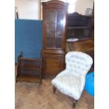 Victorian style nursing chair, modern walnut corner cupboard and reproduction set of wall shelves