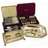 A selection of silver and plated items to include a silver ink stand, cased silver flatware and EPNS