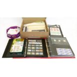 Carton of stamps on album pages, in tins and loose, also an album of covers and decimal packs,