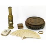 Brass students microscopes, Brevet mother of pearl inlaid purse, ivory effect 16 division fan and