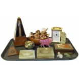 Metronome, onyx ashtrays, soapstone figures, carriage clock and small inlaid box. Condition