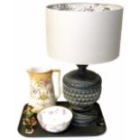 Royal Worcester "Marissa" bowl, Devon ware fieldings water jug, 2 Goebel figures and table lamp