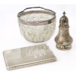 Silver cigarette case, pepperette, and a silver rimmed glass bowl Condition reports are not