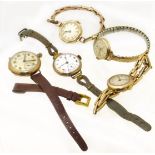 Three 9ct gold cased watches and two plated watches, to include a 9ct gold cased Uno wristwatch, two