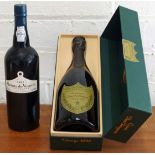 2 Bottles Mixed Lot Champagne Dom Perignon and Fine Vintage Port