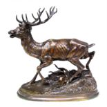 After J. Moigniez bronze sculpture of a stag at waters edge