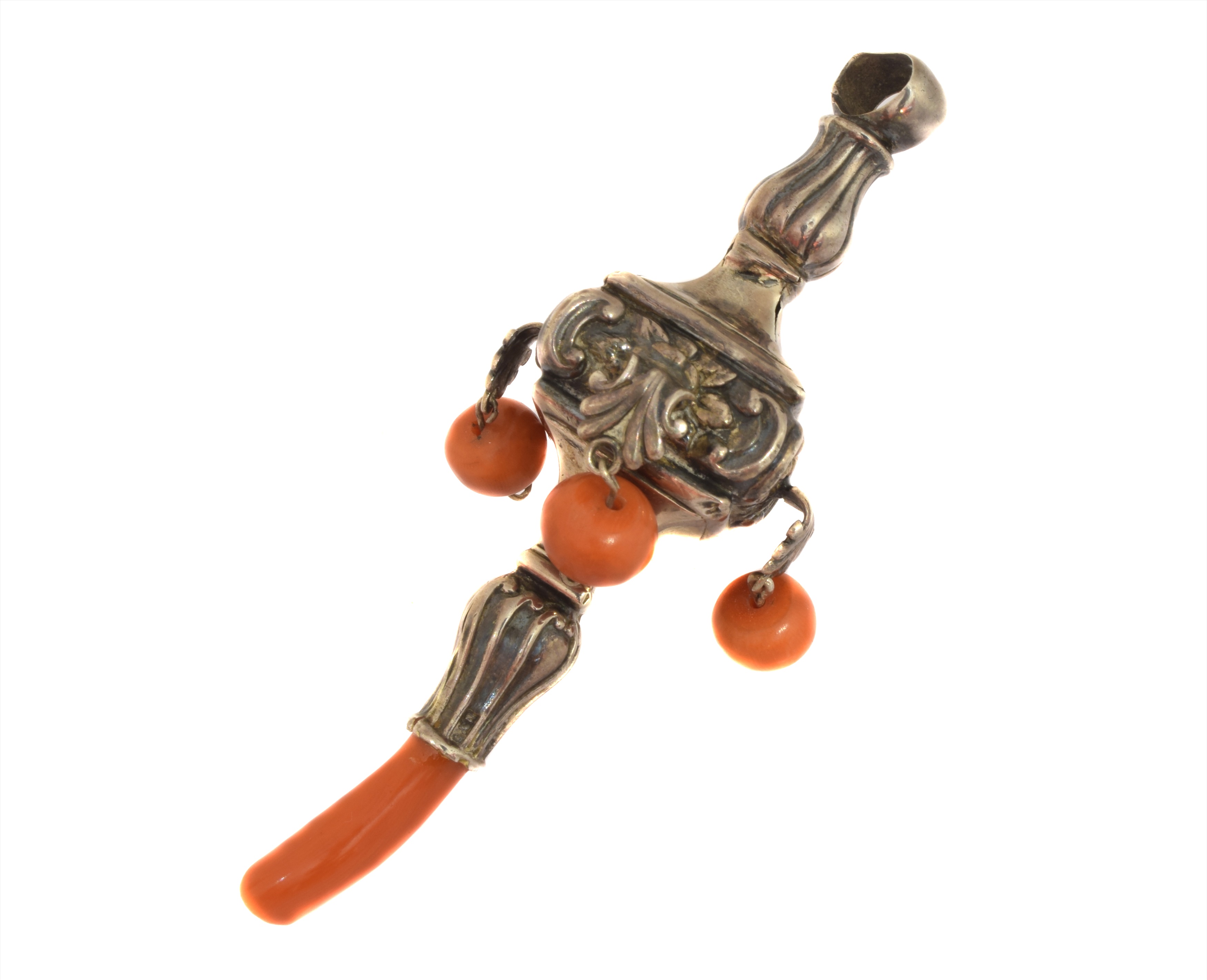 An Edwardian silver and coral rattle,