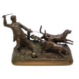 After A. Durbrand bronze figure of huntsman holding back three hounds on wire leash