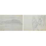 G. Costa, Coastal view and drawing of girls on verso, pencil (double sided).