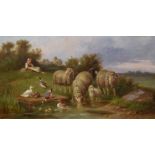 Adolf Nowey, "Weidende Schafe" - sheep and ducks at a pond, oil.