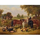 Style of J.F. Herring Snr., Farmyard scene with figure and horses, pigs, chickens and cattle, oil.