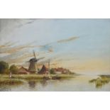 N. Fowler Willatt, Dutch river scene with windmill, watercolour