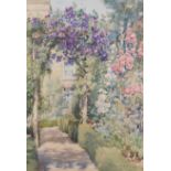 Frances E. Nesbitt, Garden path with floral arch, watercolour.