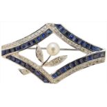 A sapphire diamond and cultured pearl brooch,