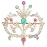 A French emerald ruby and diamond brooch,