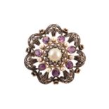 An early 20th century cultured pearl, amethyst and diamond brooch,