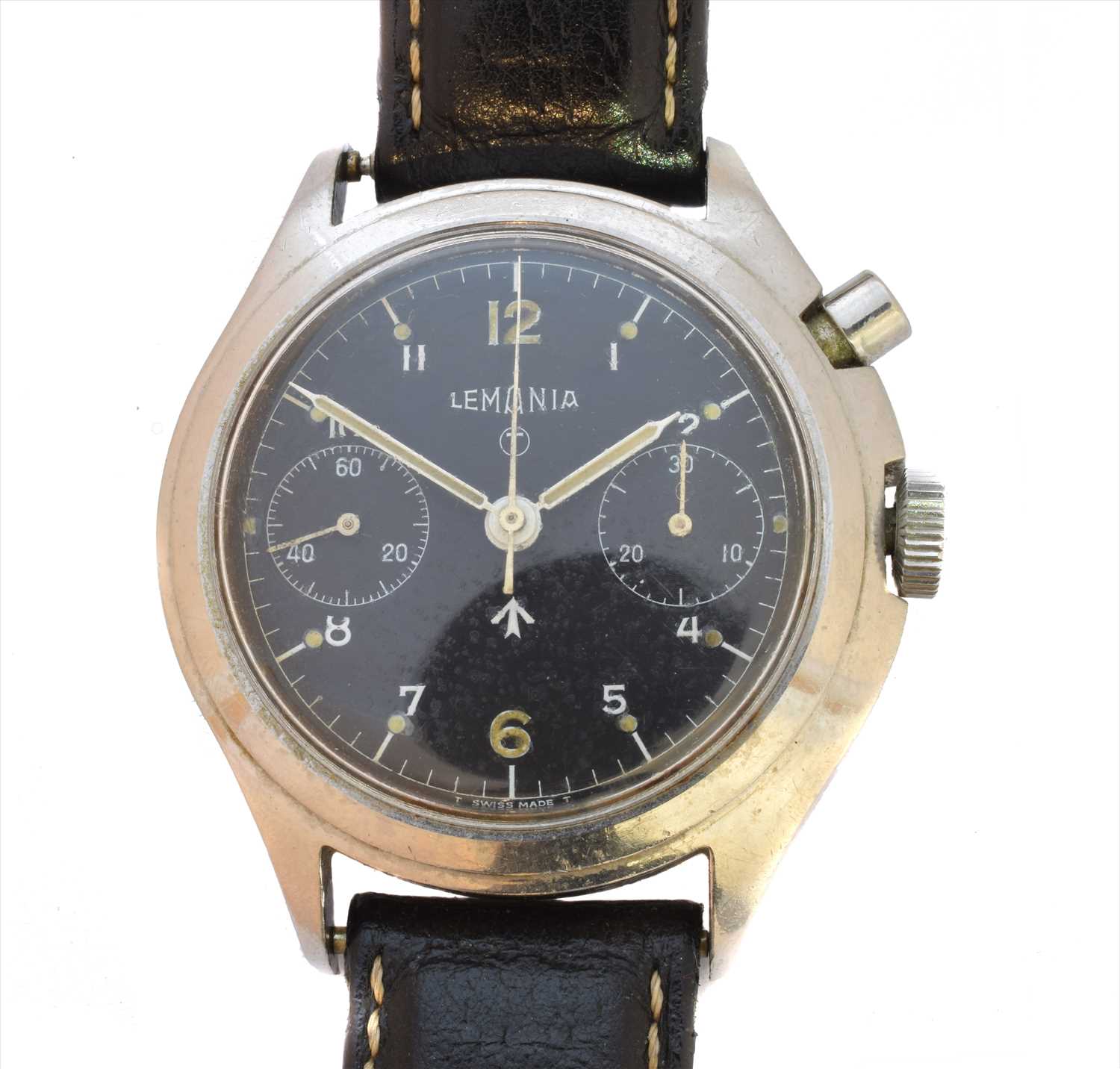 A rare 1960s Lemania stainless steel military single button chronograph wristwatch,