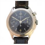 A rare 1960s Lemania stainless steel military single button chronograph wristwatch,