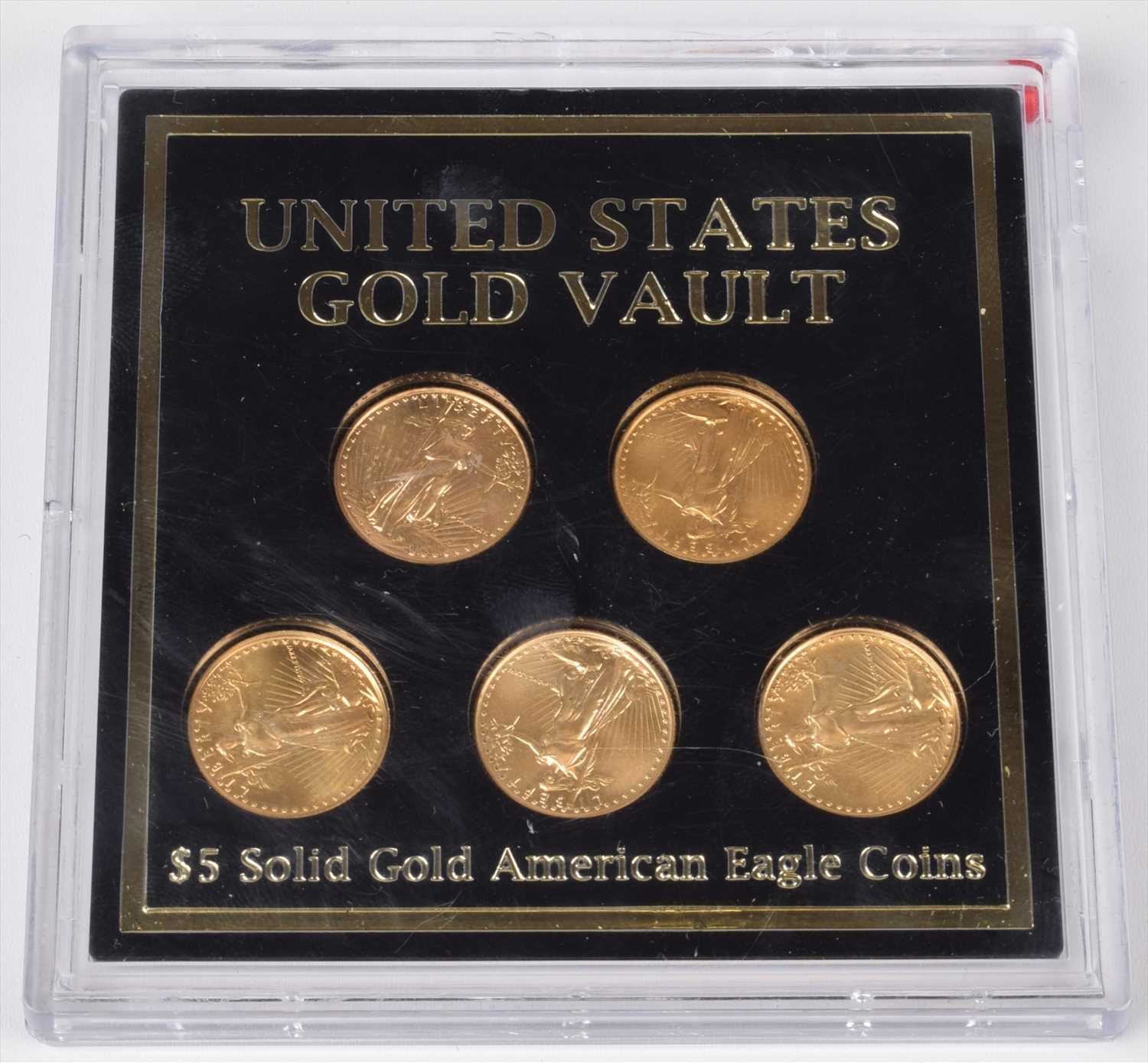 Cased set of five Five Dollar solid gold 1/10oz American eagle coins.