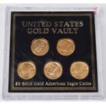 Cased set of five Five Dollar solid gold 1/10oz American eagle coins.