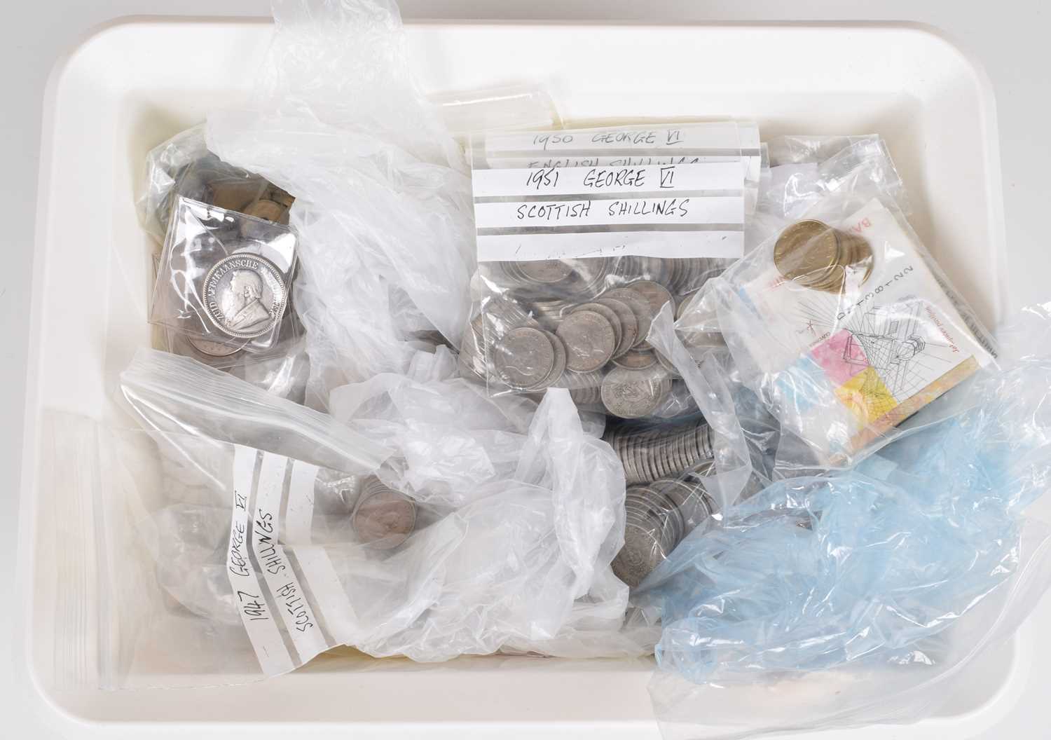 Box of British and foreign circulated coinage and banknotes.