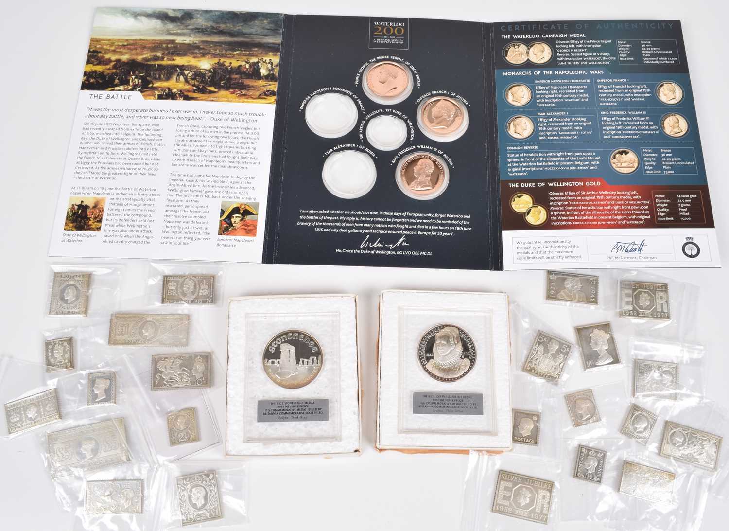 The Stamps of Royalty Silver Stamp Collection, twenty three silver stamp replicas and others.