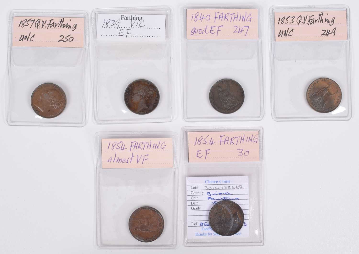 Queen Victoria, Farthings, 1839, 1840, 1853, 1854 x 2, 1857 (6).
