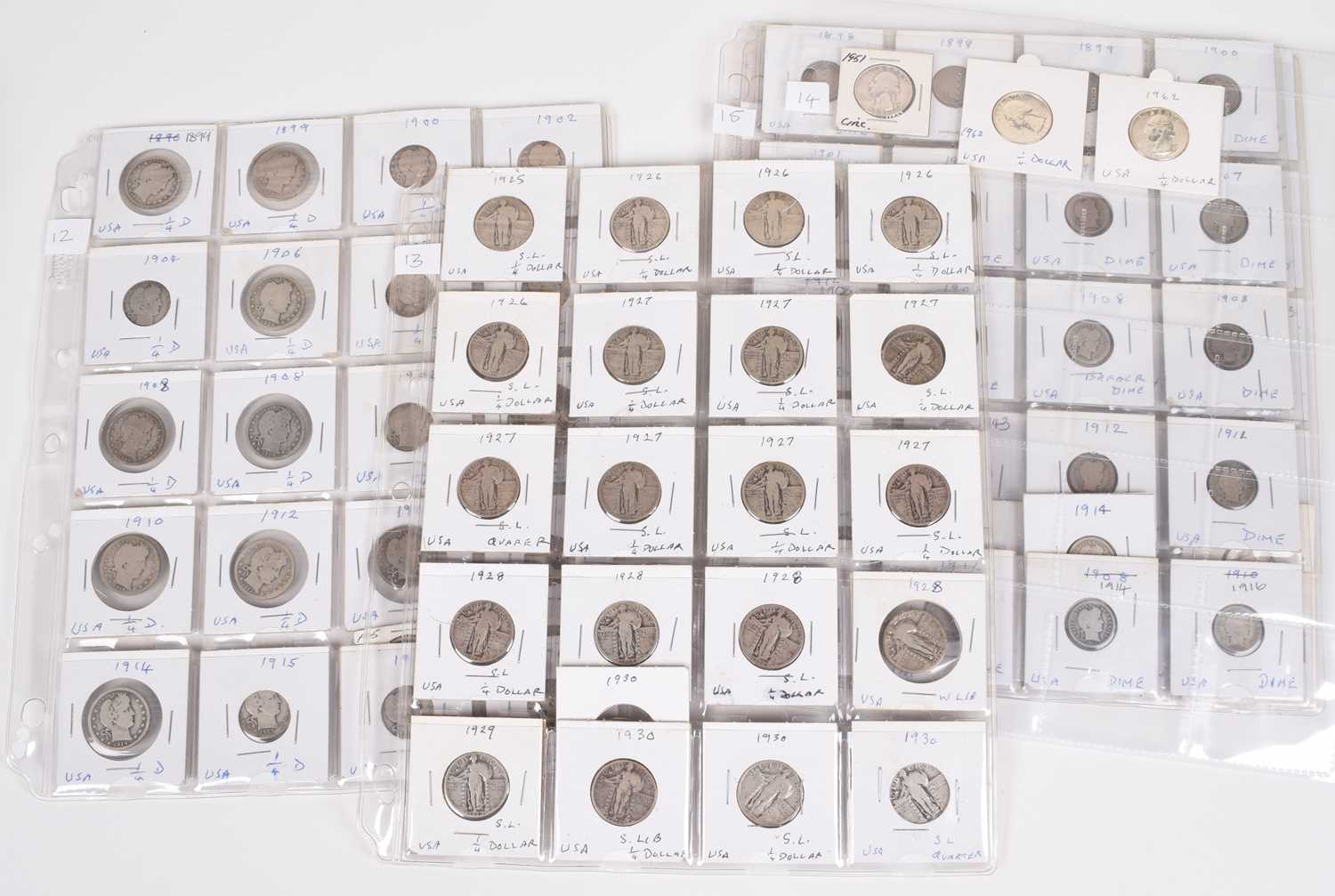Five pages silver and later quarter dollars 1899-1962 (45) and dimes 1898-1962 (44).