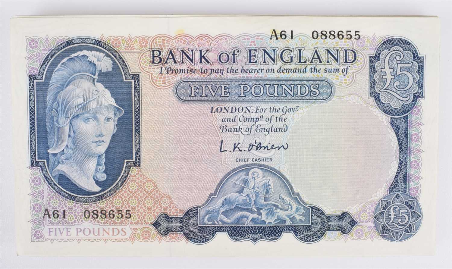 Forty-four Series "B" Helmeted Britannia Issue (February 1957), Five Pounds banknotes (44).