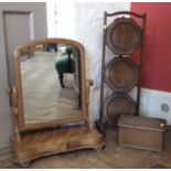 Victorian dressing table mirror, mahogany letter rack and an oak cake stand.