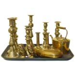 Five pairs of brass candlesticks, also a kettle, warming pan and a pair of brass owls.