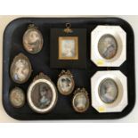 Collection of nine assorted portrait miniatures, mainly 20th century, in various decorative frames (