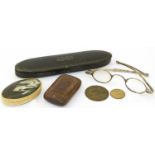 Depose snuff box, 19th century glasses case and a pair of metal rim glasses, oval bone snuff box and