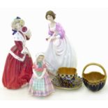 Three Royal Doulton Figures "Ashley" (2nd) "Tootles"(cracked) and "Christmas Morn" , Coalport cobal