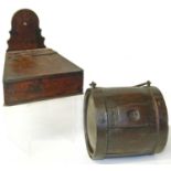 19th century metal bound barrel with swing handle 20cm diameter and small triangular wall box