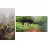 G. Ashley Hunter, Otter on the riverbank and horse and foal by a stream, oil (2).