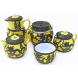 Chinese yellow ground pewter mounted five piece teaset