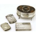 A tortoiseshell silver box, a silver vesta, a silver matchbox cover and a base metal vesta