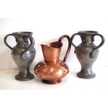 Pair of Tudric pewter three handled vases 22.5cm high, also a copper jug.