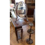 Edwardian Sutherland table, swing frame toilet mirror and ash tray stand.